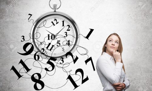 Time management with thoughtful businesswoman and broken clock